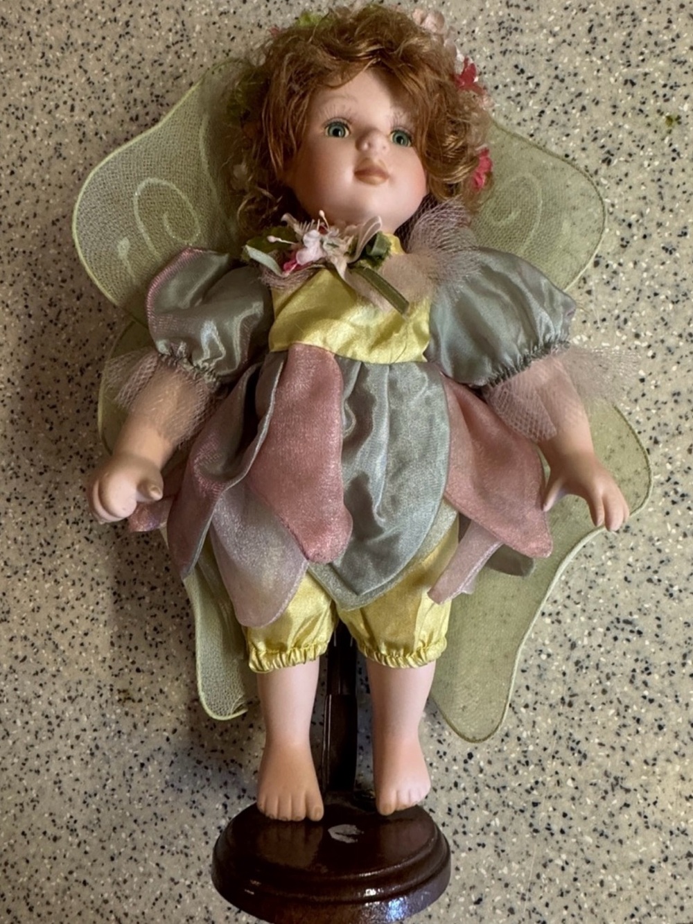 12”Vintage Geppeddo Porcelain Fairy Doll in Pastel Pink, Green & Yellow